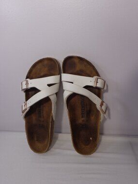 Birkenstock Yao Balance Slide Sandals White Birko-Flor Adjust. Buckles Sz 39 /8